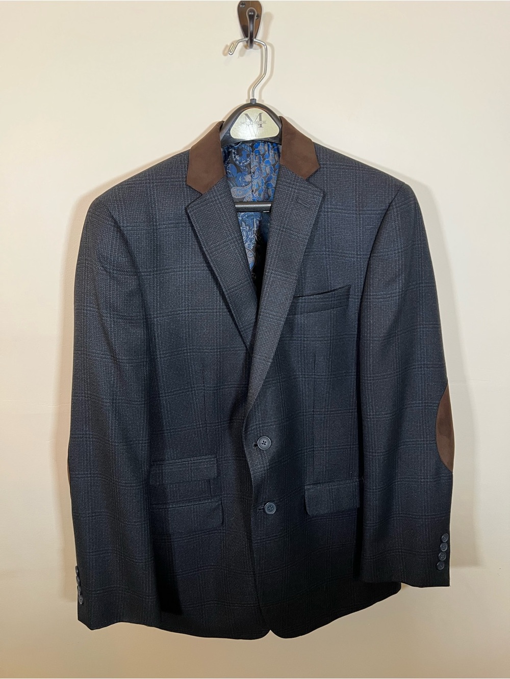 Van Heusen Studio Mens Plaid Blazer Sport Coat Elbow Patch Paisley Lined